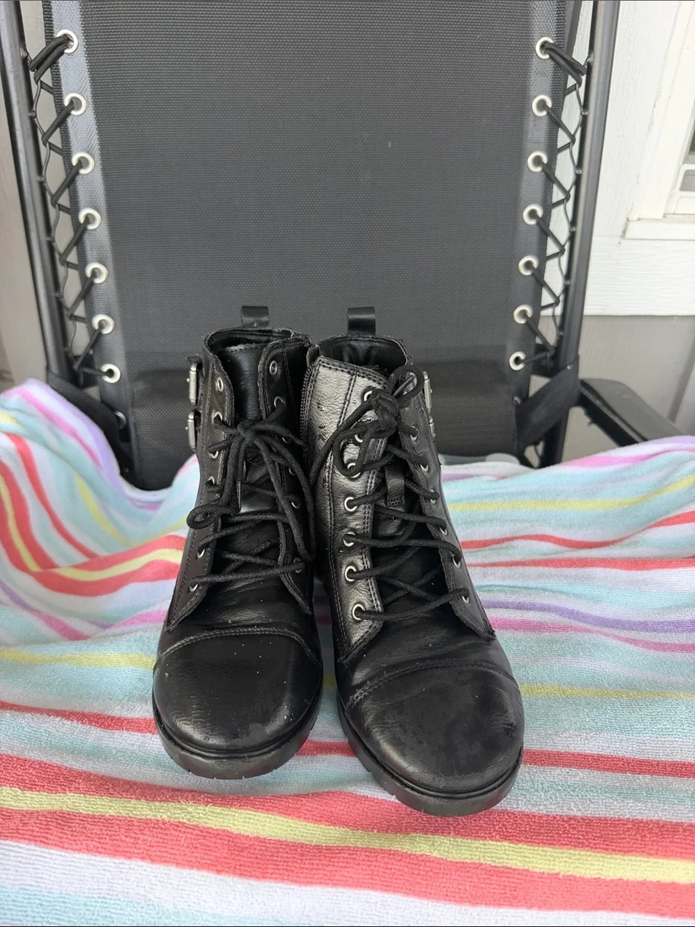 Black Lace-Up Buckle Combat Boots - Women